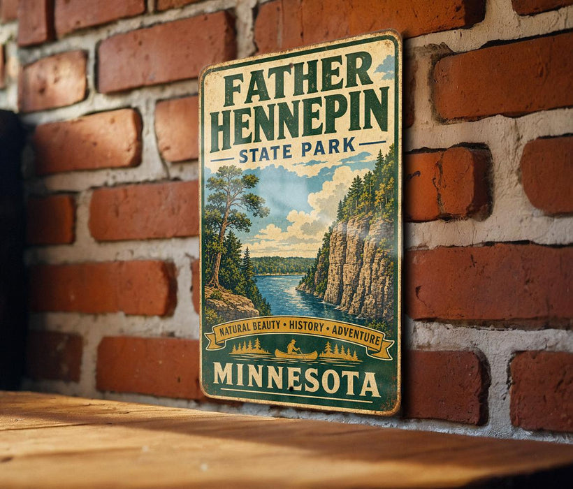 A vintage metal sign for Father Henepin State Park in Minnesota, featuring a scenic illustration of a lake and mountains.