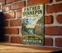A vintage metal sign for Father Henepin State Park in Minnesota, featuring a scenic illustration of a lake and mountains.