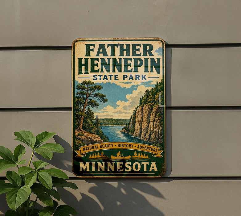 A vintage-style sign for Father Henepin State Park in Minnesota, featuring a scenic landscape with a river and mountains.