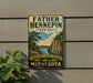 A vintage-style sign for Father Henepin State Park in Minnesota, featuring a scenic landscape with a river and mountains.
