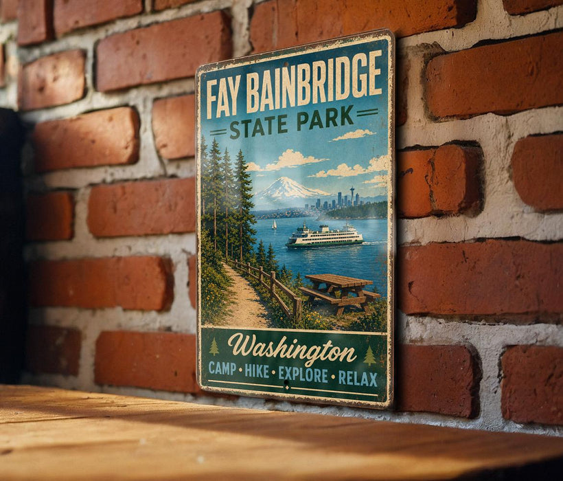 A vintage metal sign for Fay Babinbridge State Park, featuring a scenic image of a boat on a lake surrounded by pine trees and mountains.