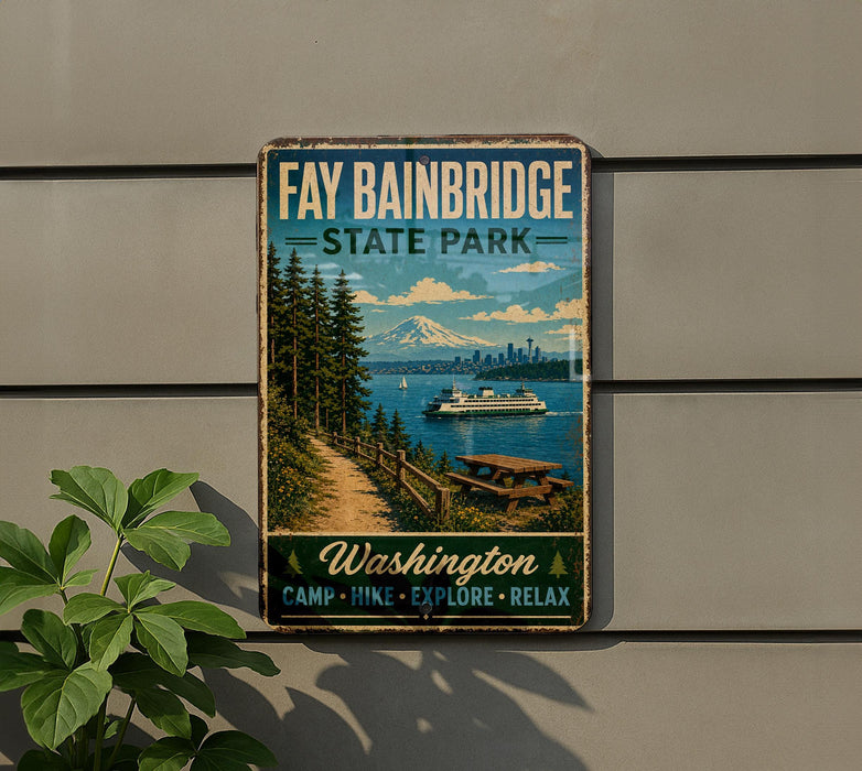 A vintage-style sign for Fay Babinbridge State Park, featuring a scenic image of a path leading to a picnic area with a boat on the water.