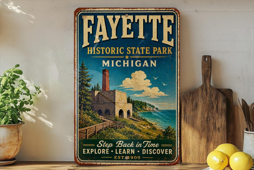 a vintage-style sign for Fayette Historic State Park in Michigan, with a scenic illustration of a building and a lake. The sign is placed on a shelf next to a wooden cutting board and a potted plant.