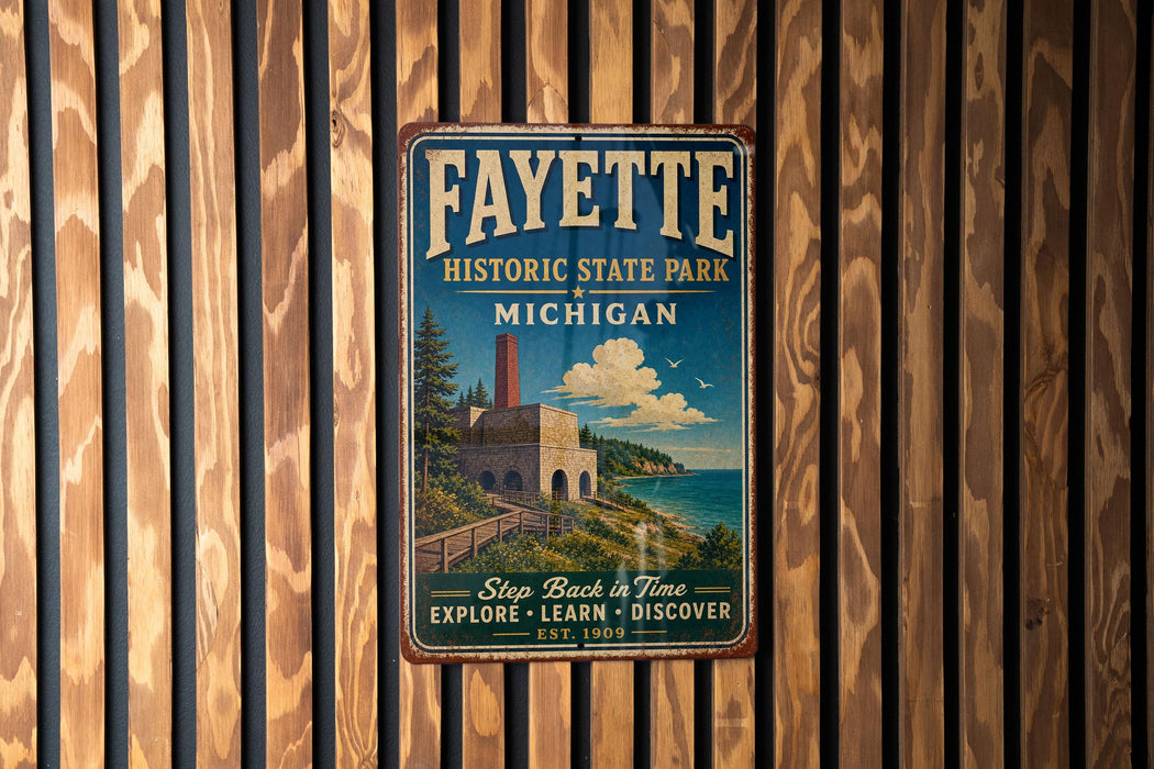A vintage-style metal sign for Fayette Historic State Park in Michigan, featuring a scenic illustration of a coastal landscape with a lighthouse and a castle.
