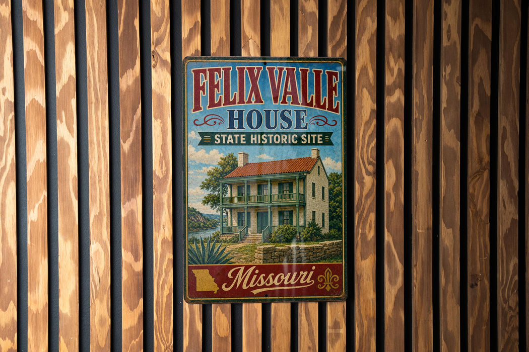 A vintage-style metal sign for the Felix Valle House, a historic site in Missouri, is displayed on a wooden wall.