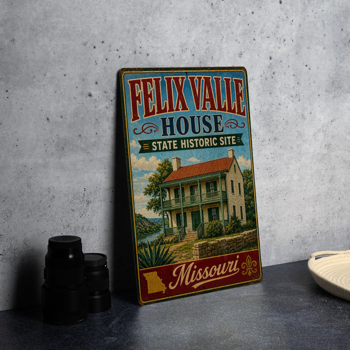A vintage-style metal sign for the Felix Valle House, a historic site in Missouri, with a colorful illustration of the house and surrounding landscape.