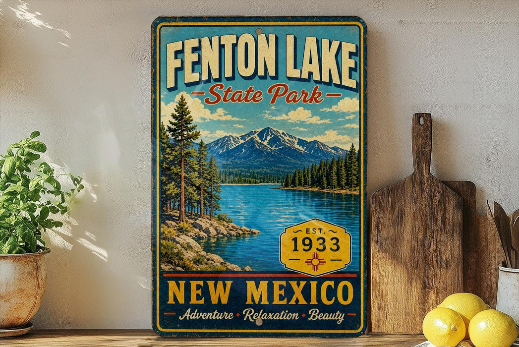 A vintage-style sign for Fenton Lake State Park in New Mexico, featuring a scenic landscape with mountains, pine trees, and a lake.