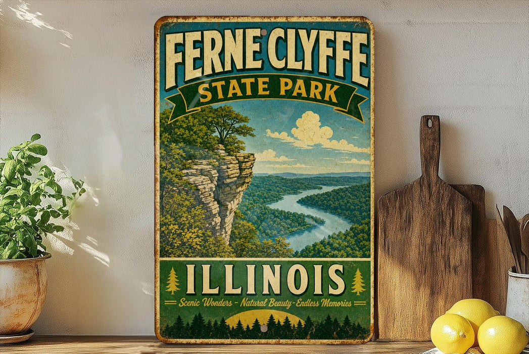 A vintage-style sign for Fernne Clyde State Park in Illinois, featuring a scenic landscape with a river and mountains.