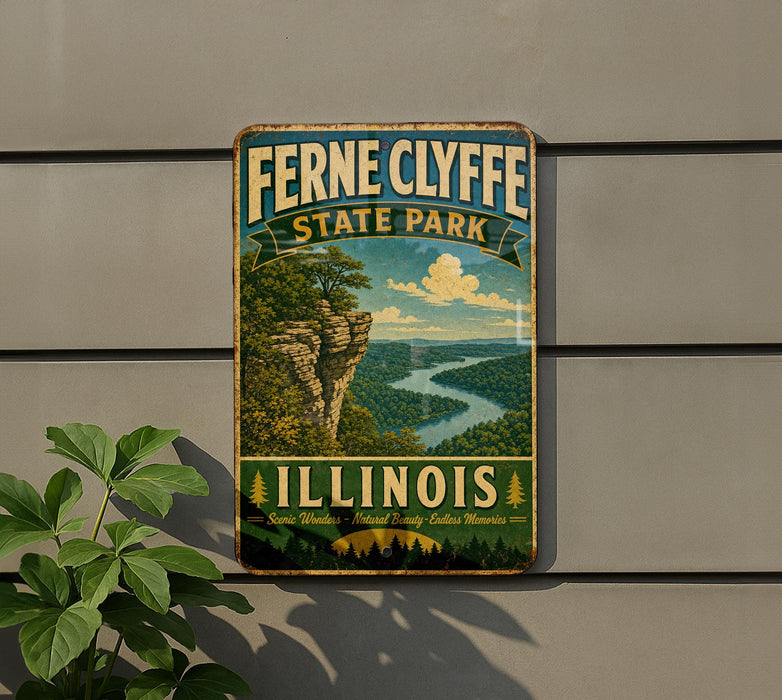 A vintage-style sign for Ferne Clyffe State Park in Illinois, featuring a scenic landscape with a river and mountains.