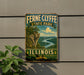 A vintage-style sign for Ferne Clyffe State Park in Illinois, featuring a scenic landscape with a river and mountains.