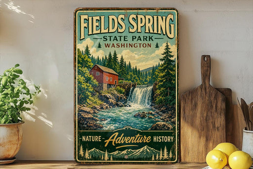 A vintage-style sign for Fields Spring State Park in Washington, featuring a waterfall and a red barn, is displayed on a wall next to a wooden cutting board and some potted plants.