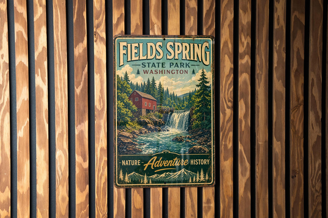A vintage-style metal sign for Fields Spring State Park in Washington, featuring a waterfall and a red building in the background.