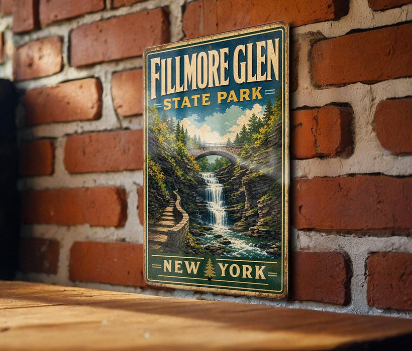 A vintage metal sign for Fillmore Glen State Park in New York, featuring a scenic illustration of a waterfall and a bridge.