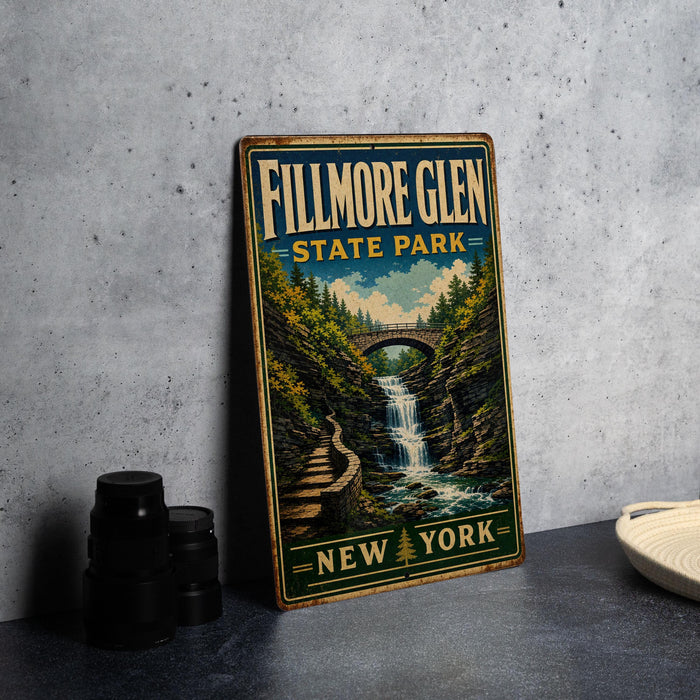 a vintage-style metal sign for Fillmore Glen State Park in New York, with a scenic illustration of a waterfall and a bridge.