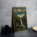 a vintage-style metal sign for Fillmore Glen State Park in New York, with a scenic illustration of a waterfall and a bridge.