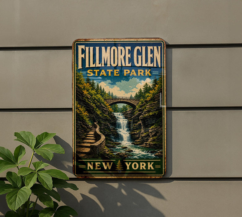 A vintage-style metal sign for Fillmore Glen State Park in New York, featuring a scenic illustration of a waterfall and a bridge.