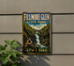 A vintage-style metal sign for Fillmore Glen State Park in New York, featuring a scenic illustration of a waterfall and a bridge.