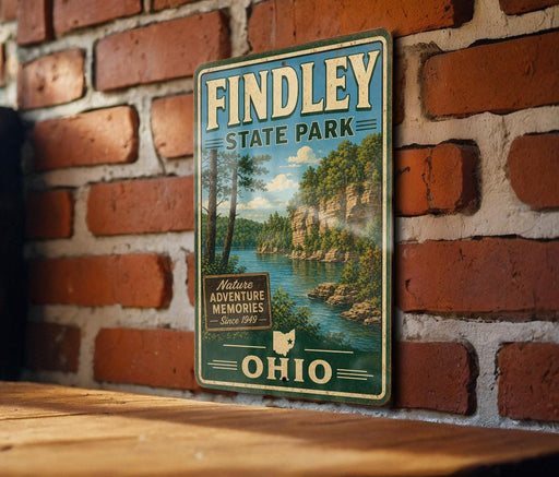 A vintage metal sign for Findley State Park in Ohio, featuring a scenic landscape with a lake and mountains.