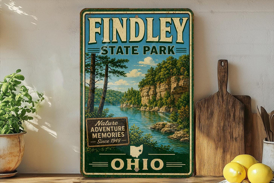 A vintage-style sign for Findley State Park in Ohio, featuring a scenic landscape with a river and trees, is displayed on a shelf next to a wooden cutting board and some lemons.