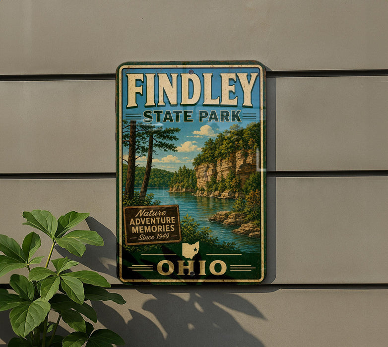 A vintage-style metal sign for Findley State Park, featuring a scenic landscape with a river and trees, mounted on a wall.