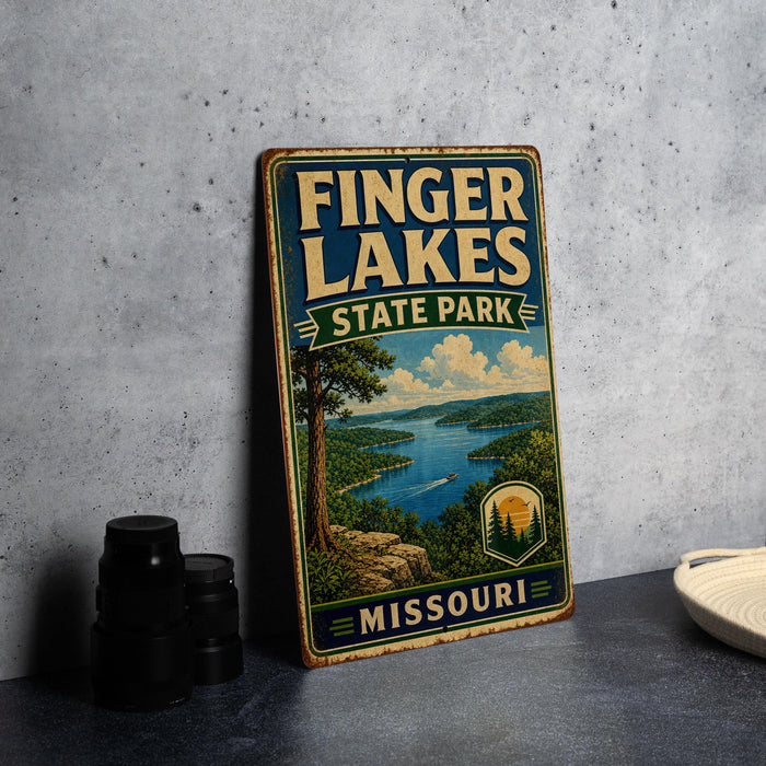 A vintage-style metal sign for Finger Lakes State Park in Missouri, featuring a scenic landscape with a lake and mountains.