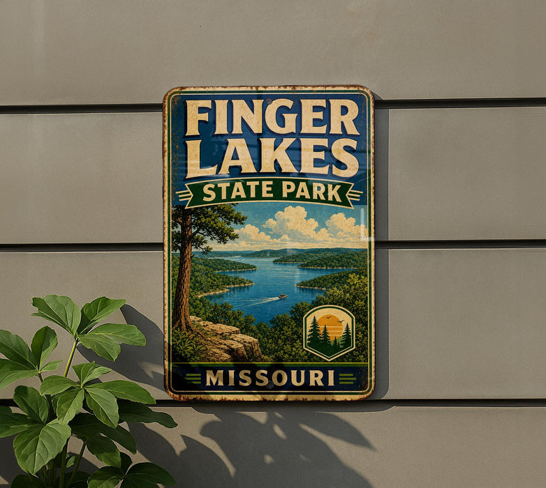 A vintage-style metal sign for Finger Lakes State Park in Missouri, featuring a scenic landscape with a lake, mountains, and trees.