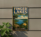 A vintage-style metal sign for Finger Lakes State Park in Missouri, featuring a scenic landscape with a lake, mountains, and trees.