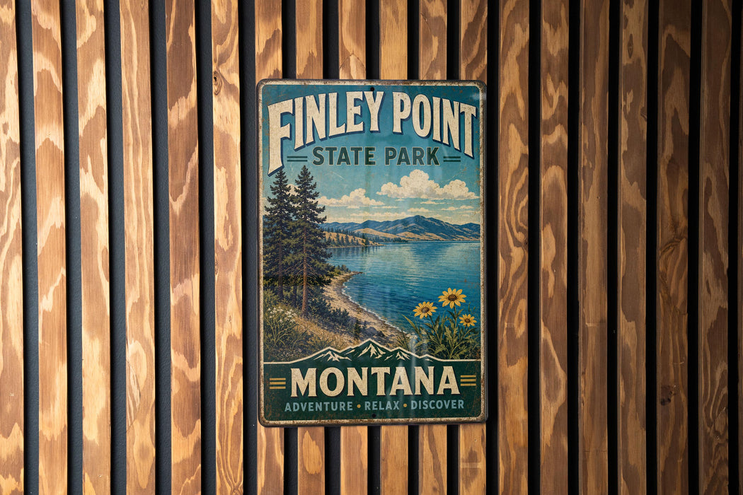 A vintage-style metal sign for Finley Point State Park in Montana, featuring a scenic landscape with mountains, a lake, and pine trees.