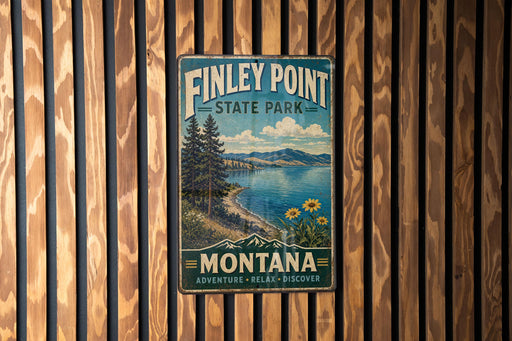 A vintage-style metal sign for Finley Point State Park in Montana, featuring a scenic landscape with mountains, a lake, and pine trees.