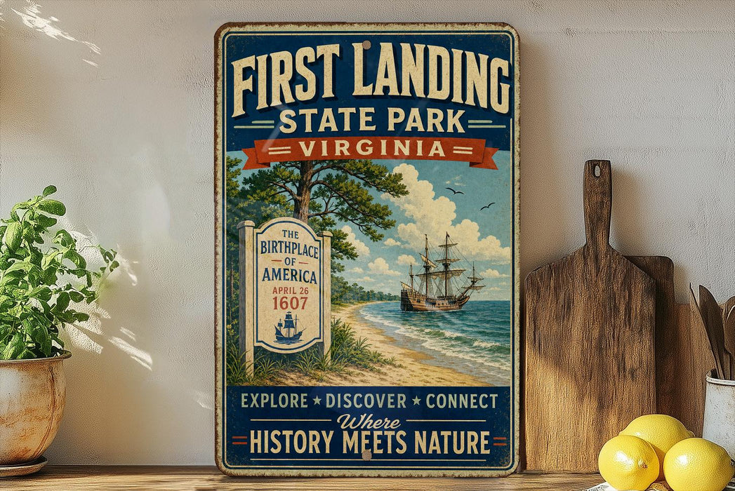 a vintage-style sign for First Landing State Park, Virginia, with a ship sailing on a beach and a sign indicating the park's location.