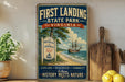 a vintage-style sign for First Landing State Park, Virginia, with a ship sailing on a beach and a sign indicating the park's location.