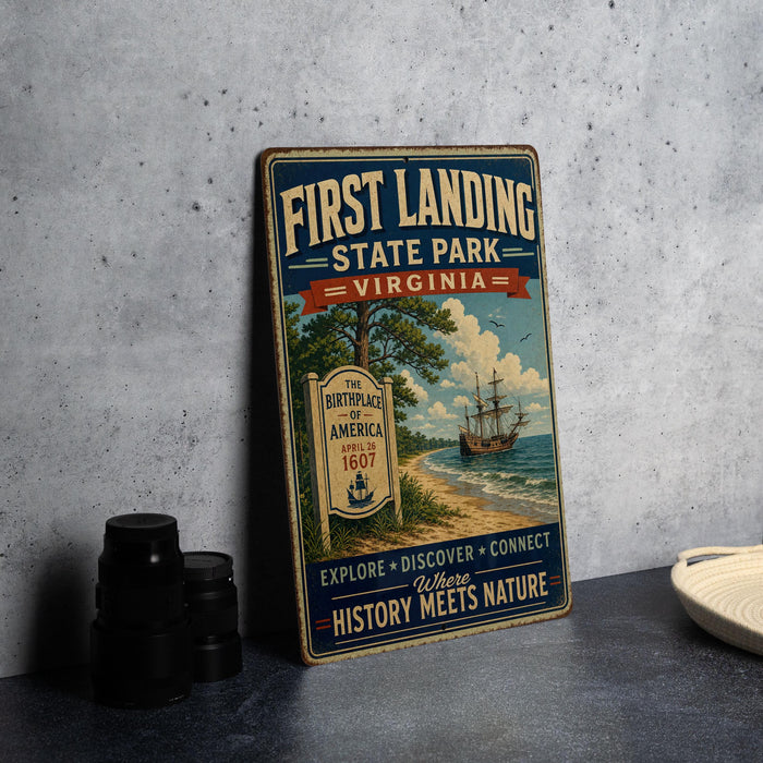 a vintage-style metal sign for First Landing State Park in Virginia, with a ship and a beach scene depicted on it.