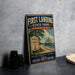 a vintage-style metal sign for First Landing State Park in Virginia, with a ship and a beach scene depicted on it.