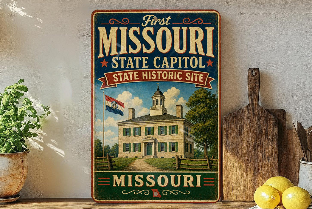 A vintage-style sign for the First Missouri State Capitol, featuring an illustration of a historic building and the text "First Missouri State Capitol State Historic Site" and "Missouri".