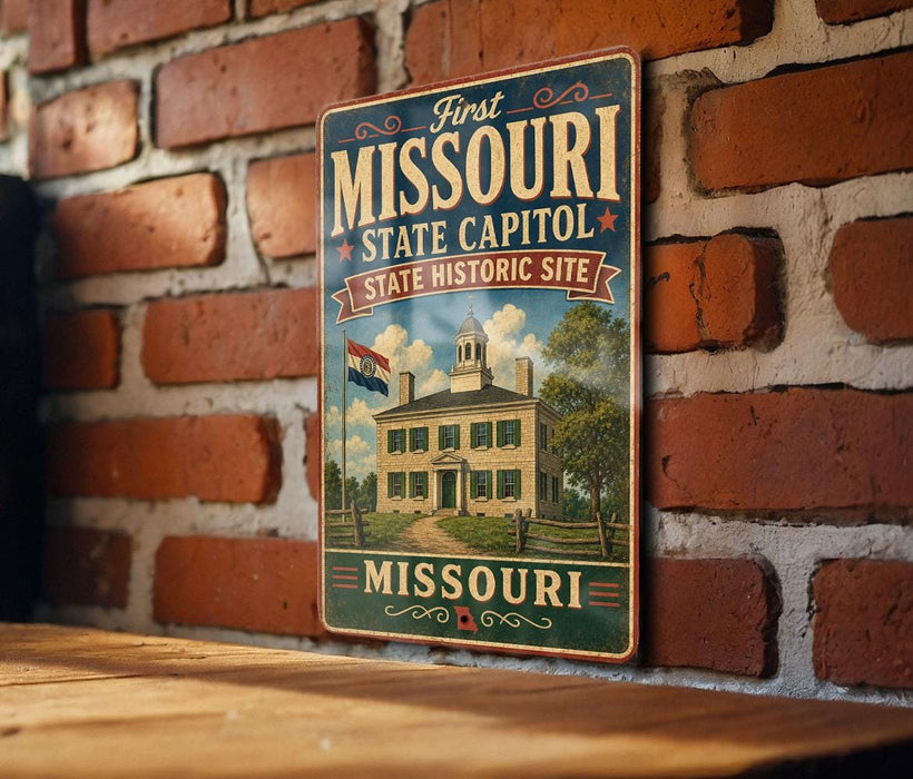 A vintage-style metal sign displaying the text "First Missouri State Capitol State Historic Site" and an illustration of a historic building, mounted on a brick wall.