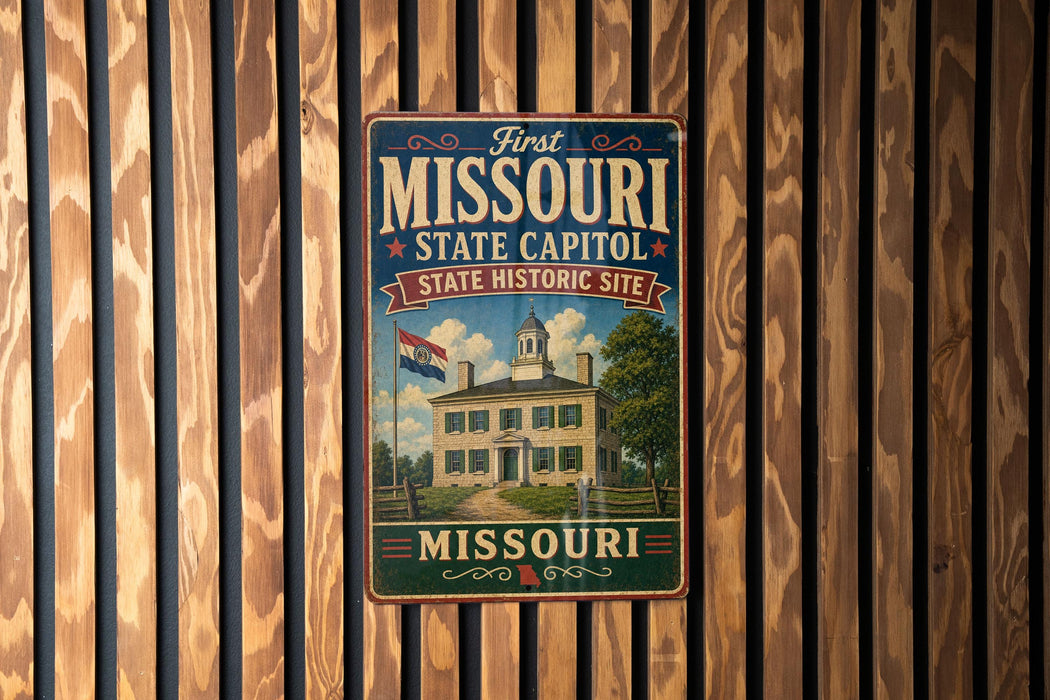 A vintage-style metal sign that reads "First Missouri State Capitol State Historic Site" with an illustration of a historic building.