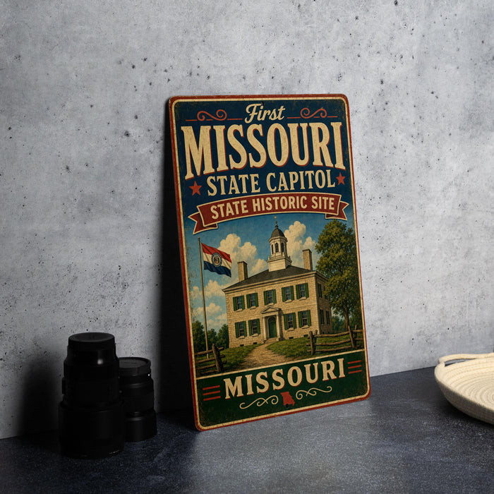 A vintage-style metal sign for the First Missouri State Capitol Historic Site, featuring an illustration of a historic building and the state's flag.