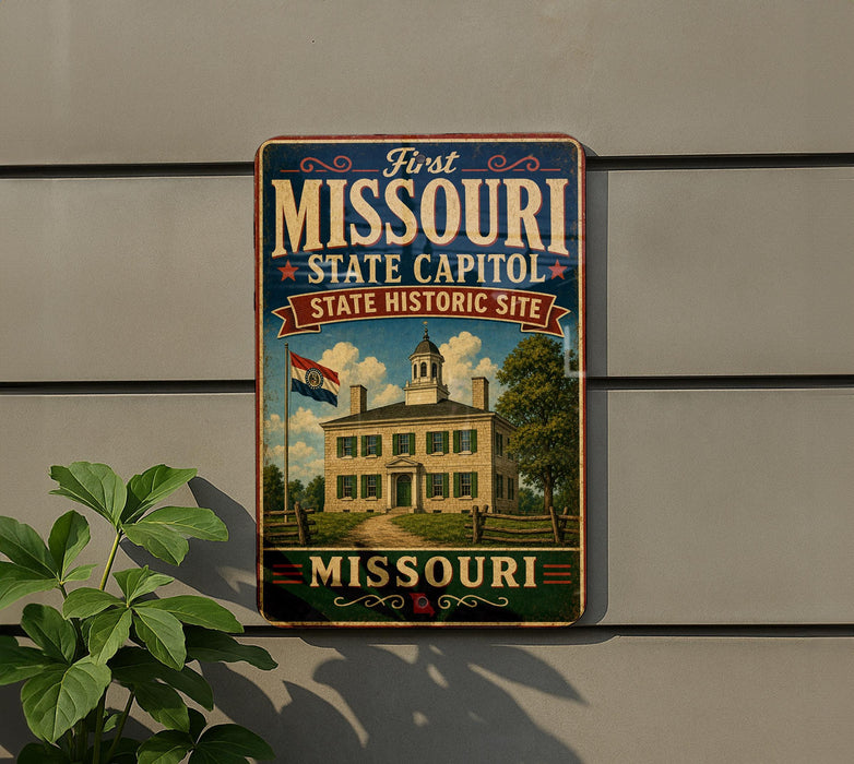 A vintage-style sign for the First Missouri State Capitol Historic Site, featuring an illustration of a historic building and the text "First Missouri State Capitol Historic Site" and "Missouri".