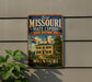 A vintage-style sign for the First Missouri State Capitol Historic Site, featuring an illustration of a historic building and the text "First Missouri State Capitol Historic Site" and "Missouri".