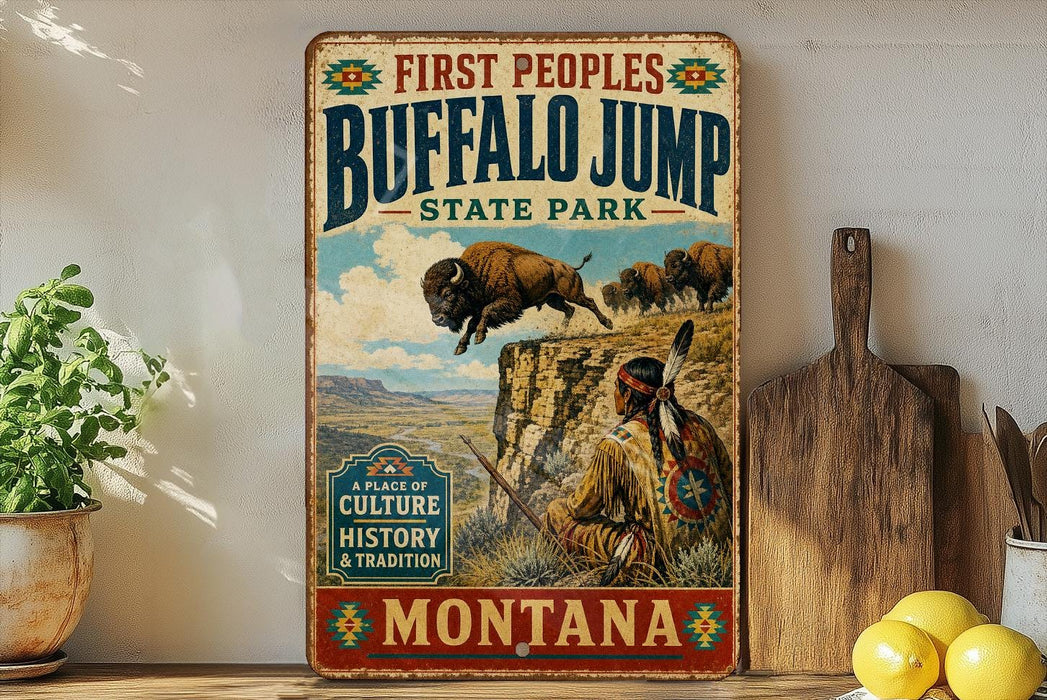 A vintage-style metal sign for Buffalo Jump State Park in Montana, featuring an illustration of a buffalo jumping over a cliff with Native American figures in the background.