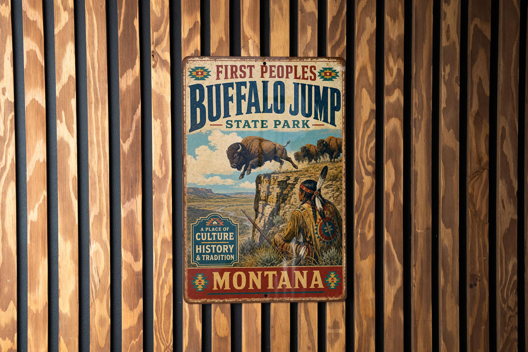 A vintage metal sign for Buffalo Jump State Park in Montana, featuring an illustration of a buffalo jumping over a cliff.