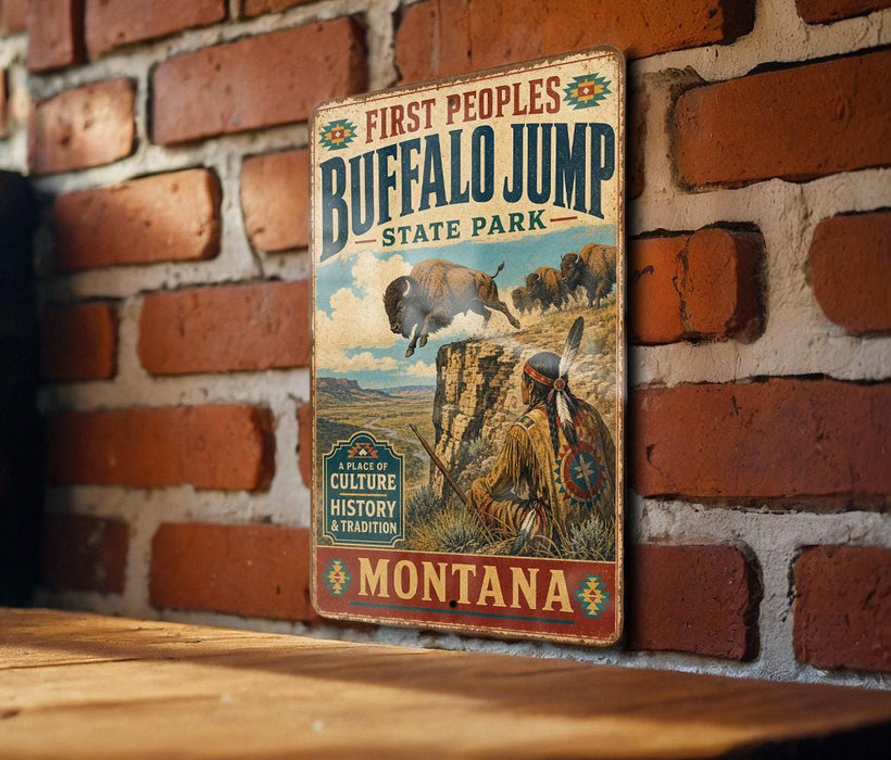 A vintage metal sign for Buffalo Jump State Park in Montana, featuring an illustration of a buffalo jumping over a cliff.