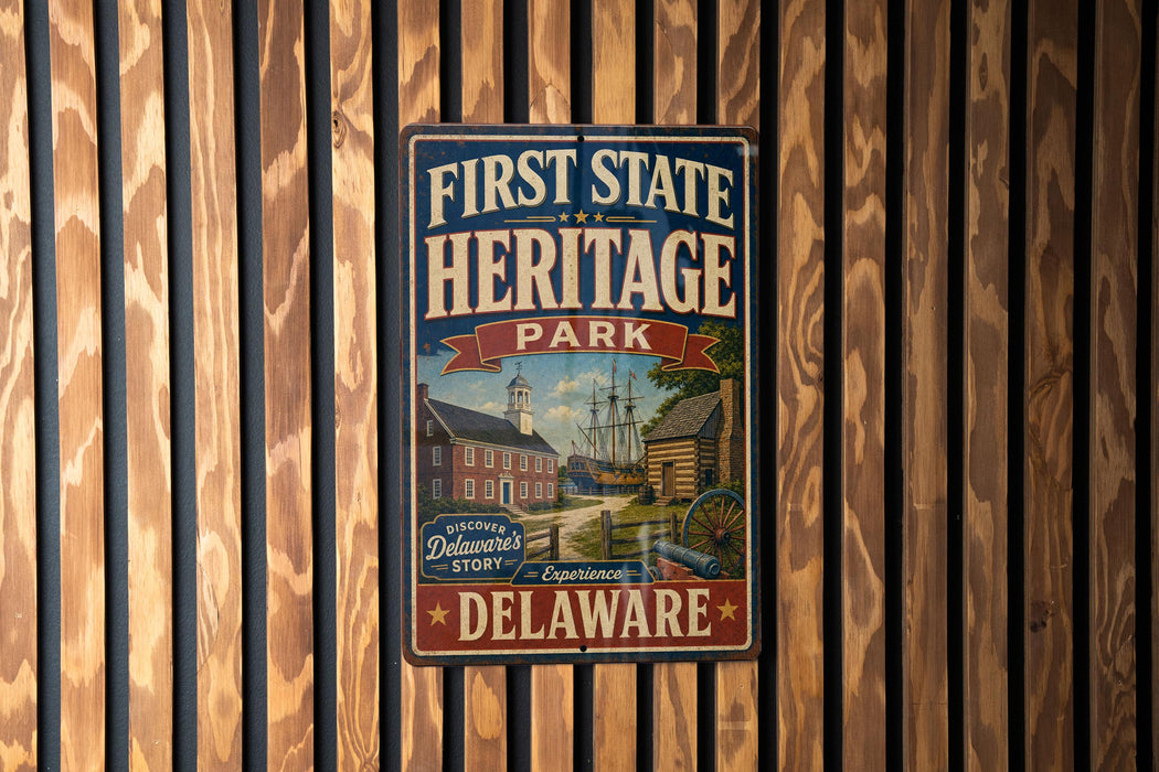 a vintage-style metal sign for Delaware Heritage Park, mounted on a wooden wall.