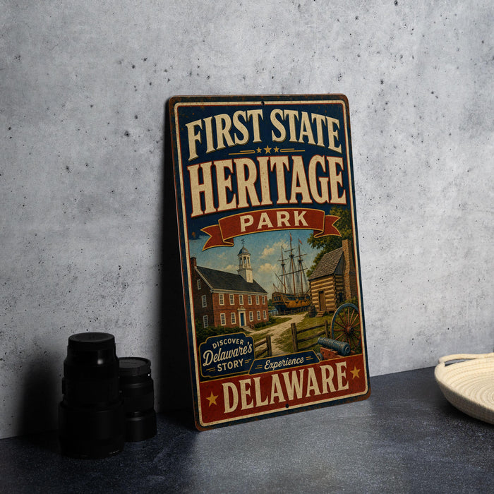 a vintage-style metal sign for First State Heritage Park in Delaware, with a colorful illustration of a historic building and ship on the sign.