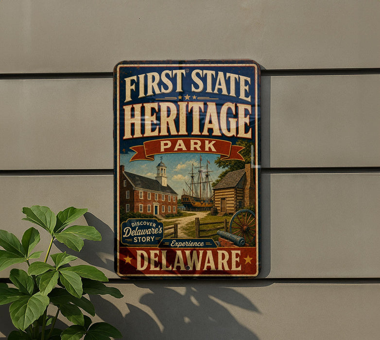 a vintage-style metal sign for First State Heritage Park in Delaware, with a colorful illustration of a historic building and ship on the sign.