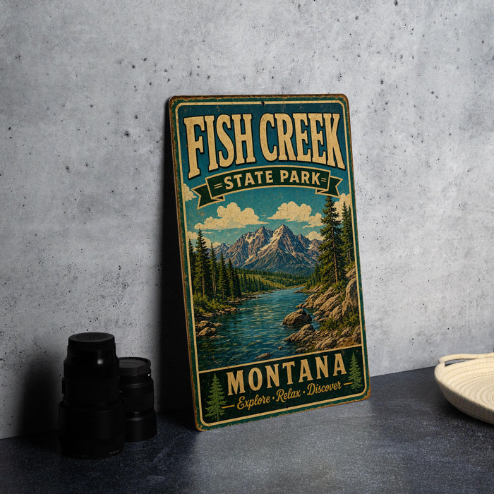 A vintage-style sign for Fish Creek State Park in Montana, featuring a scenic mountain landscape with a river and pine trees.