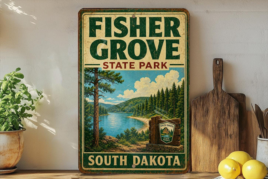 A vintage-style sign for Fisher Grove State Park in South Dakota, featuring a scenic landscape with pine trees, a lake, and mountains.