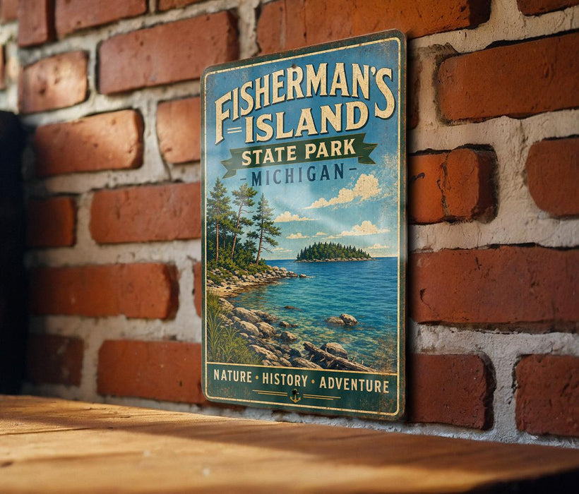 A vintage-style metal sign for Fisherman's Island State Park in Michigan, featuring a scenic image of the island and its surrounding waters.