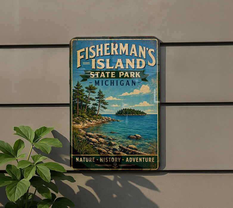 A vintage-style sign for Fisherman's Island State Park in Michigan, featuring a scenic landscape with a lake, mountains, and pine trees.