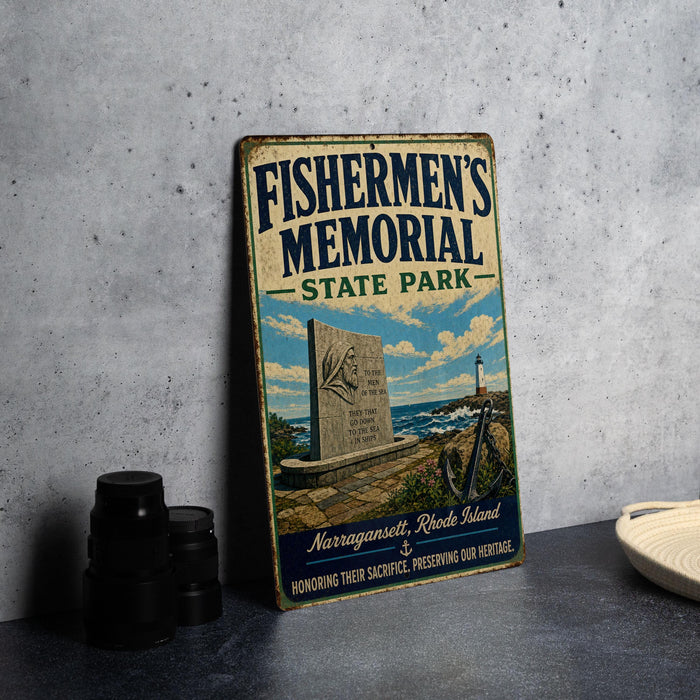 a vintage metal sign for Fishermen's Memorial State Park, with a lighthouse and a monument in the background.